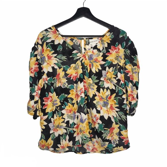 Ava & Viv Women Blouse Plus Sz X 14W Floral Print Top Black Yellow Ruched Sleeve - Picture 3 of 10